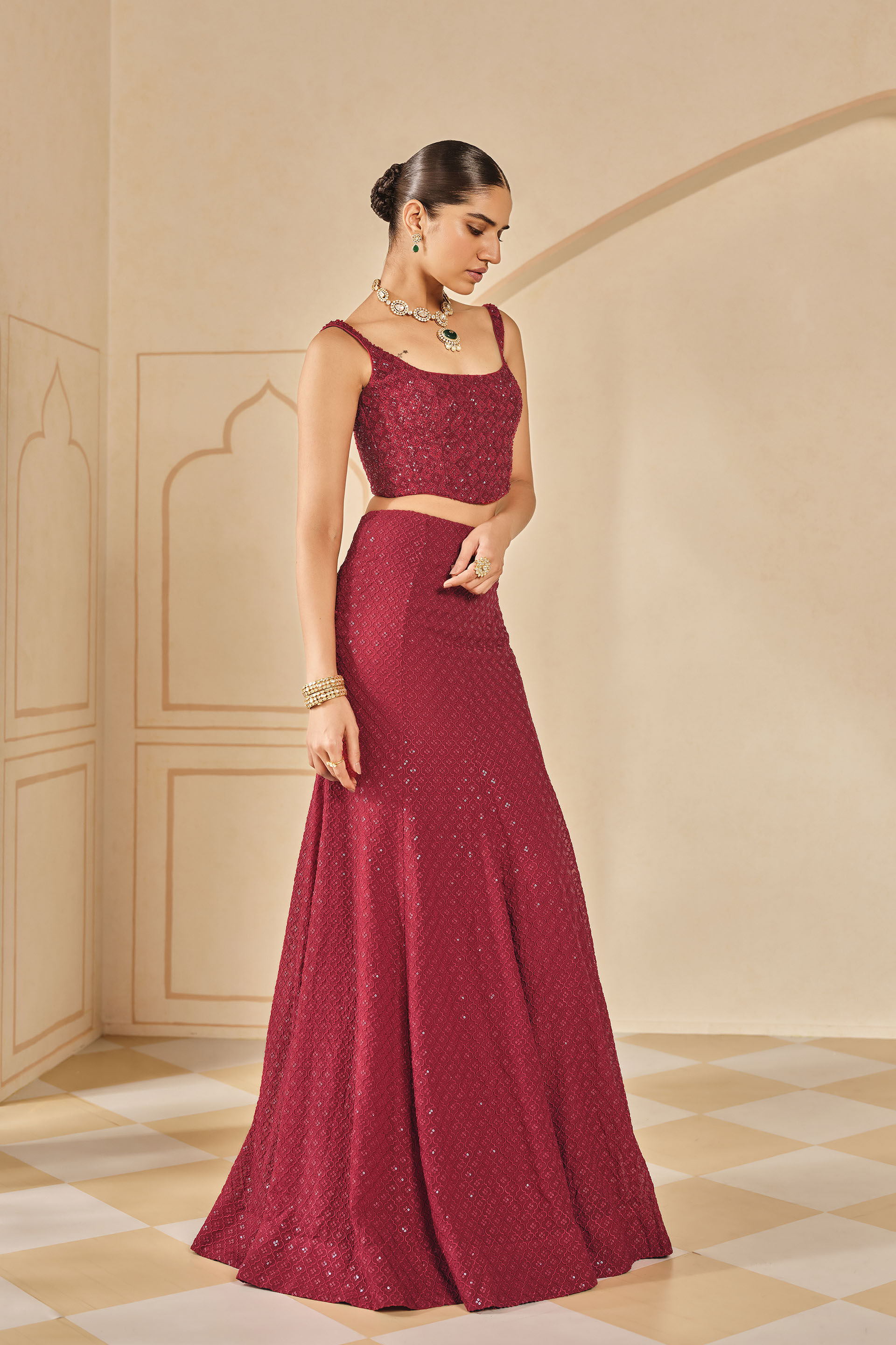 Adara Sequin Silk Skirt Set - Red